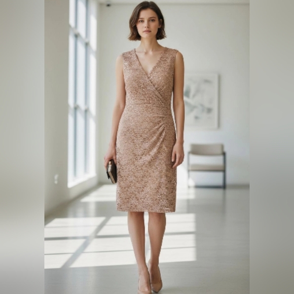 connected apparel Dresses & Skirts - Beige Sheath Midi Dress with V-Neck for Wedding Guest Formal Special Occasion